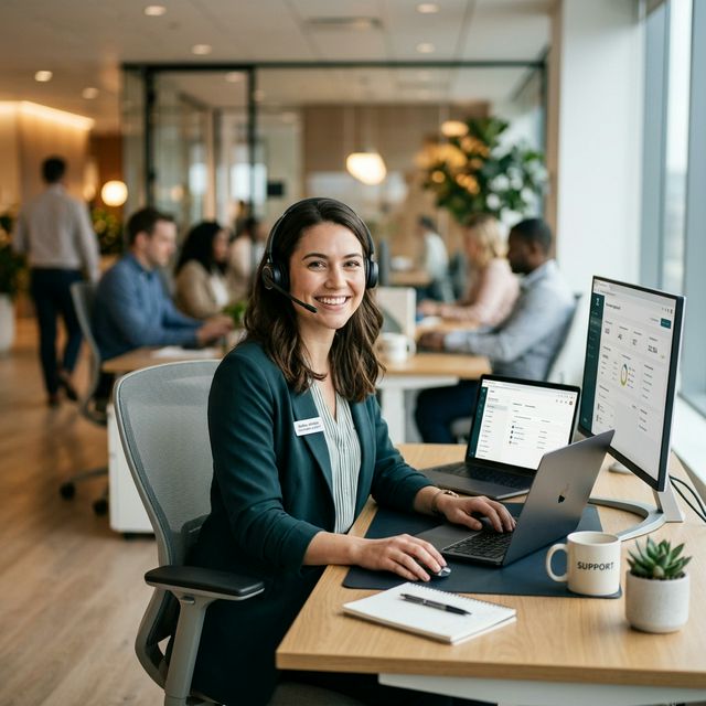 Customer service representative wearing a headset and smiling
