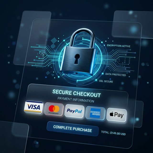 Secure padlock icon overlaid on a checkout page